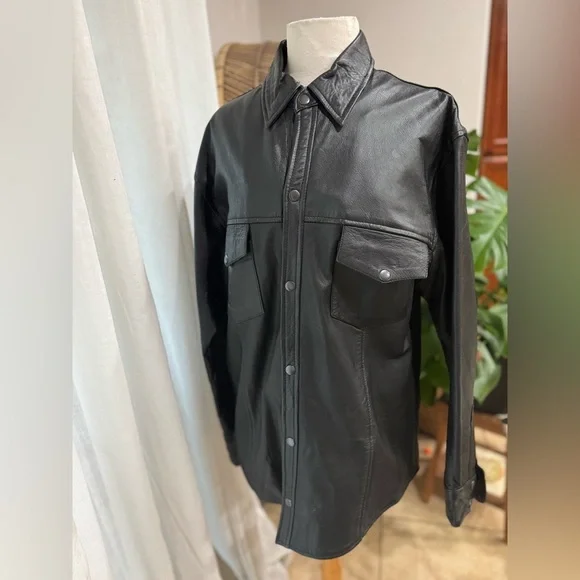 Black Leather Button-Up Shirt Hot Leathers biker - Picture 1 of 7